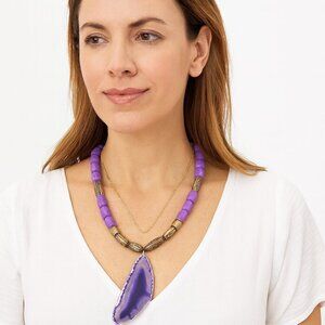 Polished Purple Agate Slice Pendant and Howlite Beaded Necklace